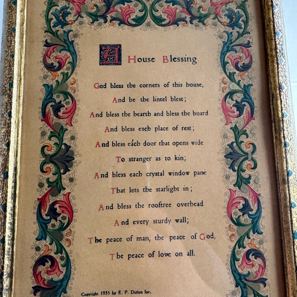 Vintage MCM Italian Florence House Blessing Poem 1935 original gold frame